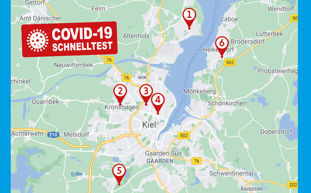 Teststation Kiel, Molfsee, Kronshagen, Friedrichsort und Heikendorf auf Karte